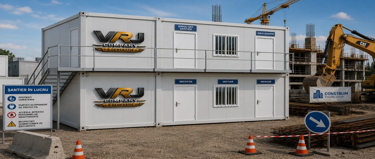 Organizare de șantier cu containere modulare VRJ COMPANY 6x3x2,8 m la etapa de livrare și montaj