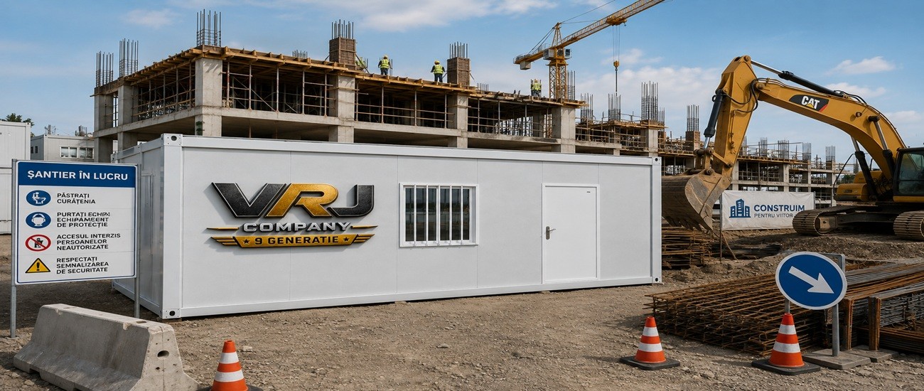 Organizare de șantier cu container modular VRJ COMPANY 6x3x2,8 m și utilaje de construcții